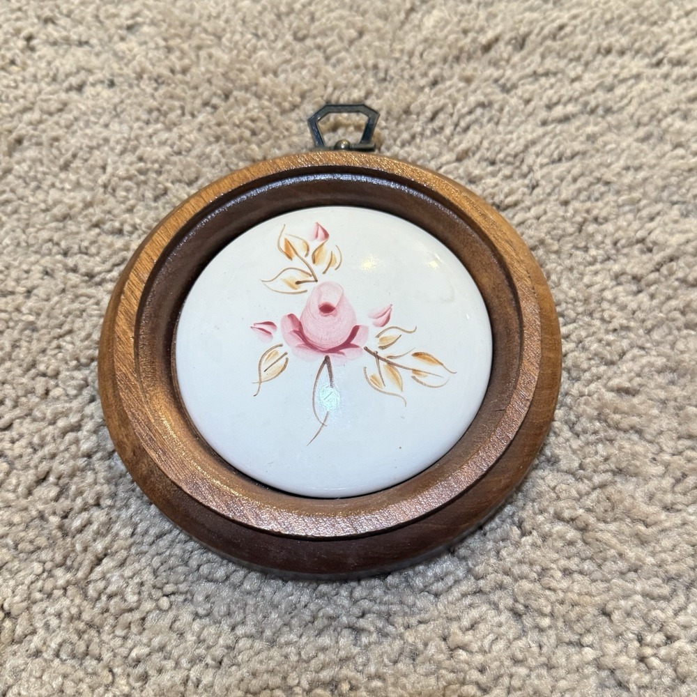 Vintage Wood Framed Round Ceramic Wall Hanging Art Floral Handpainted Rose 5”